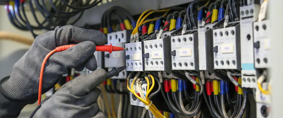 Electrician using multi-meter checking electric current voltage at circuit breaker